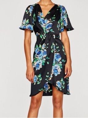 Zara Floral Wrap Knot Front Midi Dress Black with Blue Rose Print